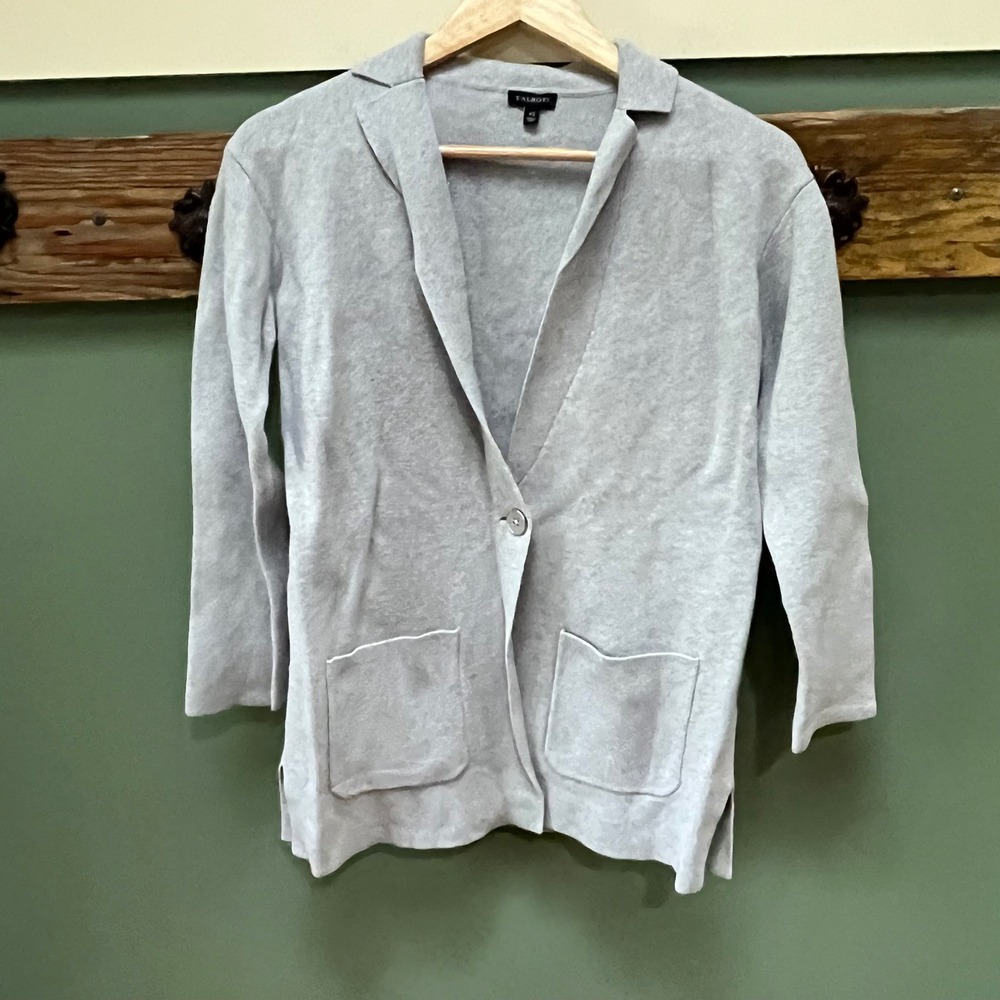 Talbots Womens XS Heather Gray Knit Blazer Cardigan Single Button Cotton Rayon